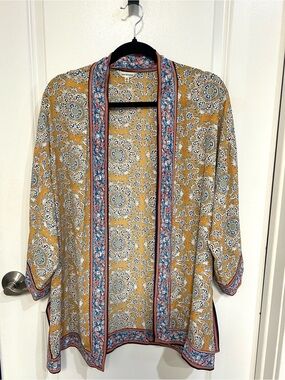 Max Studio Mustard Floral Border-Trim Kimono Jacket